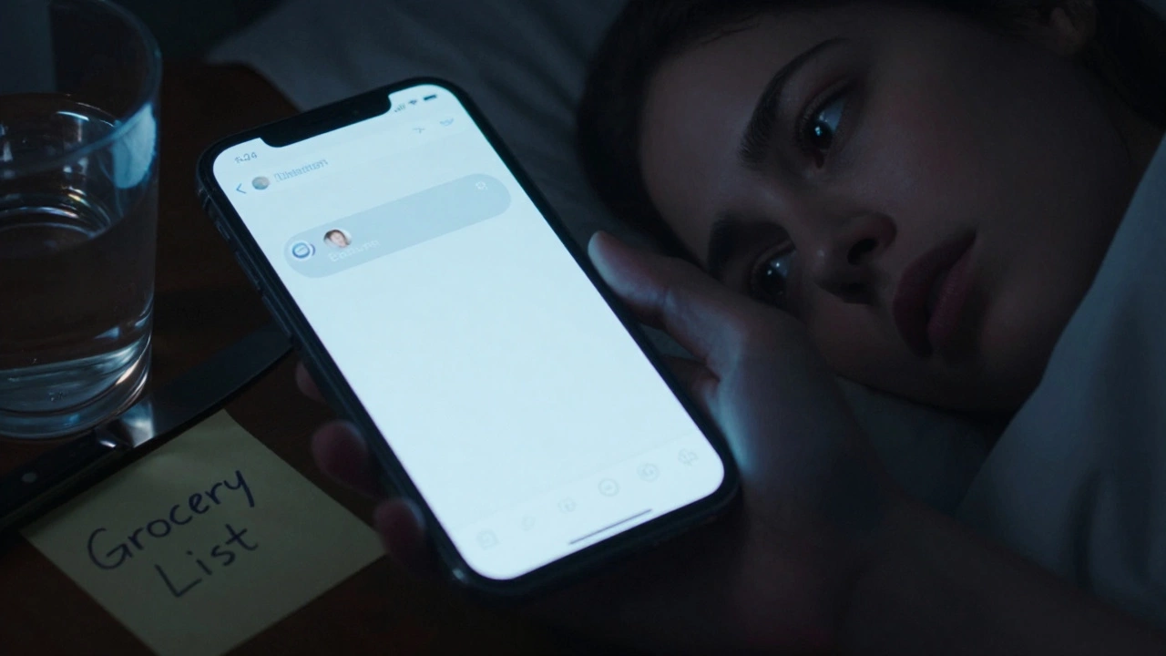 A woman in bed, lit by her phone screen, holding a note that says &#039;Grocery List.&#039;