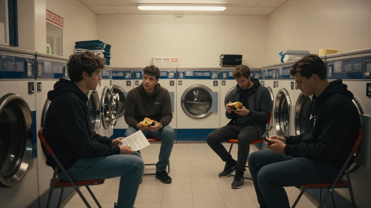 Figures in hoodies sharing pastries in a laundromat, talking quietly in the evening light.