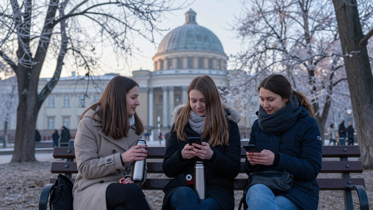 Three women sharing tea on a park bench at sunrise, whispering safely among trees and a distant museum.
